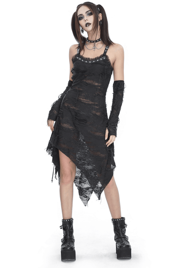 Gothic Punk Black Ripped Dress with Long Gloves